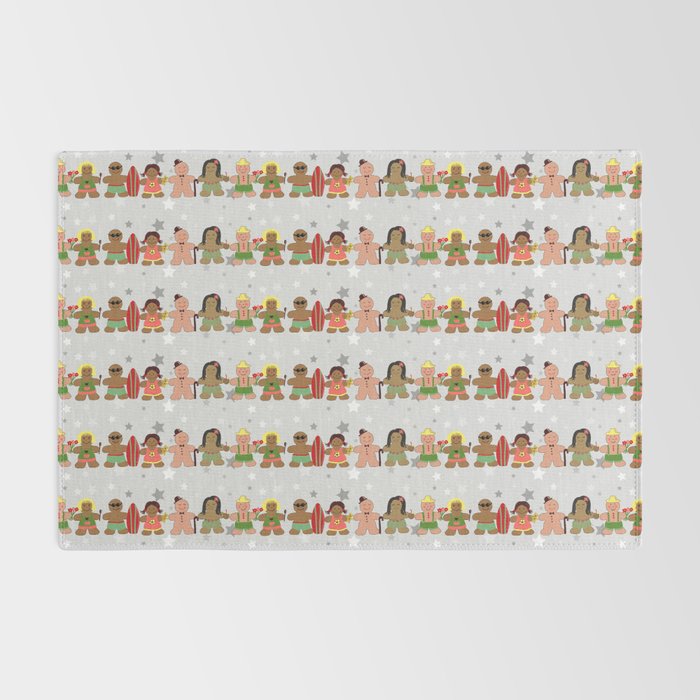 Gingerbread men and women on a gray background with stars. Gingerbread surfer. Gingerbread hula girl. Fun Christmas print. Rug Gallery Image 2