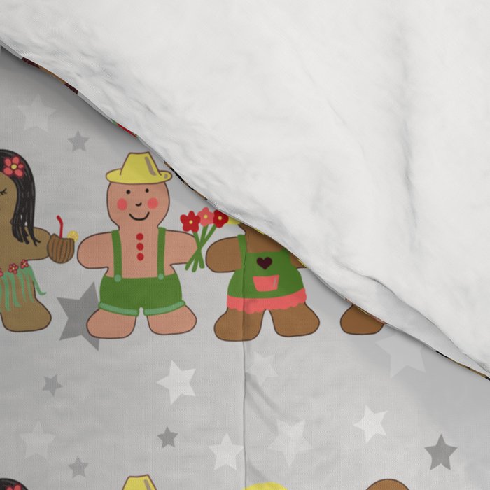 Gingerbread men and women on a gray background with stars. Gingerbread surfer. Gingerbread hula girl. Fun Christmas print. Comforter Gallery Image 4