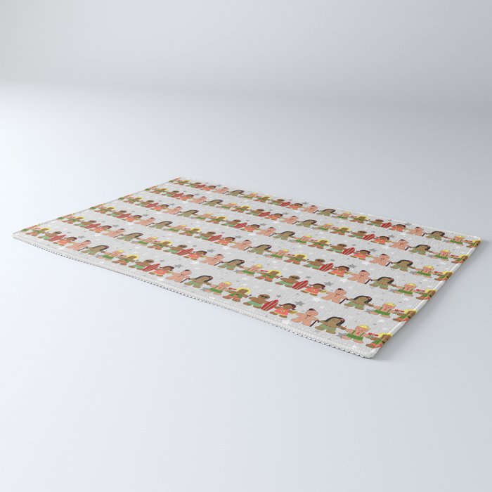 Gingerbread men and women on a gray background with stars. Gingerbread surfer. Gingerbread hula girl. Fun Christmas print. Rug Gallery Image 3