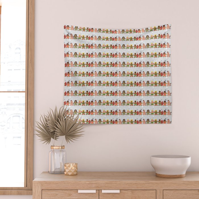 Gingerbread men and women on a gray background with stars. Gingerbread surfer. Gingerbread hula girl. Fun Christmas print. Wall Tapestry Gallery Image 2