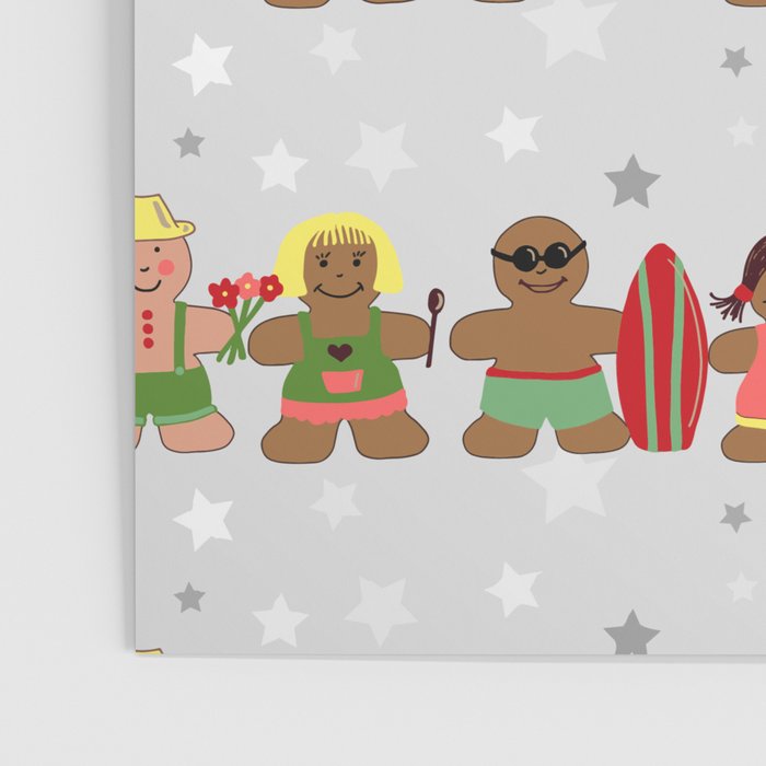 Gingerbread men and women on a gray background with stars. Gingerbread surfer. Gingerbread hula girl. Fun Christmas print. Poster Gallery Image 3