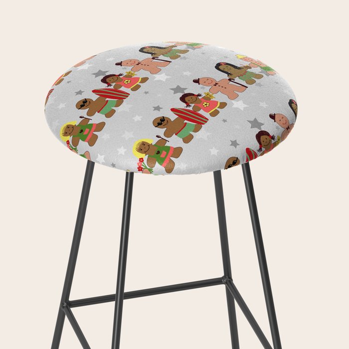 Gingerbread men and women on a gray background with stars. Gingerbread surfer. Gingerbread hula girl. Fun Christmas print. Stool Gallery Image 2
