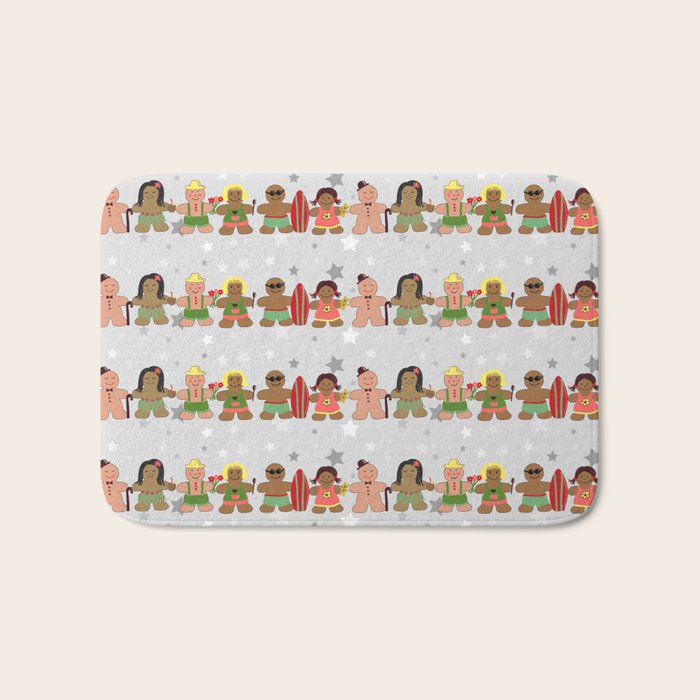 Gingerbread men and women on a gray background with stars. Gingerbread surfer. Gingerbread hula girl. Fun Christmas print. Bath Mat Gallery Image 1