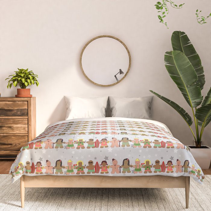 Gingerbread men and women on a gray background with stars. Gingerbread surfer. Gingerbread hula girl. Fun Christmas print. Comforter Gallery Image 3