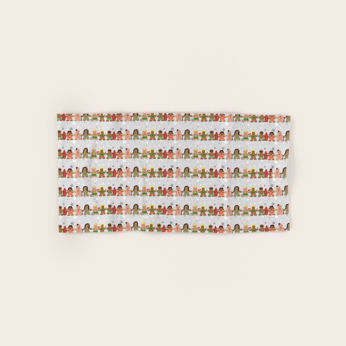 Gingerbread men and women on a gray background with stars. Gingerbread surfer. Gingerbread hula girl. Fun Christmas print. Bath Towel Gallery Image 1
