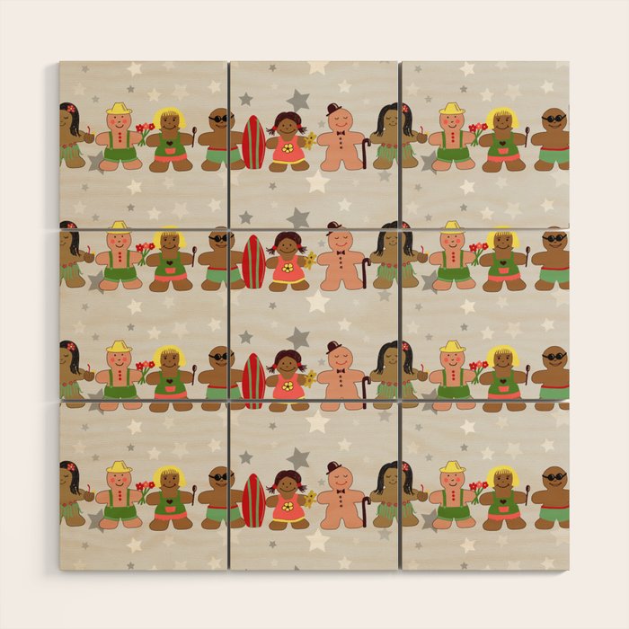 Gingerbread men and women on a gray background with stars. Gingerbread surfer. Gingerbread hula girl. Fun Christmas print. Wood Wall Art Gallery Image 1