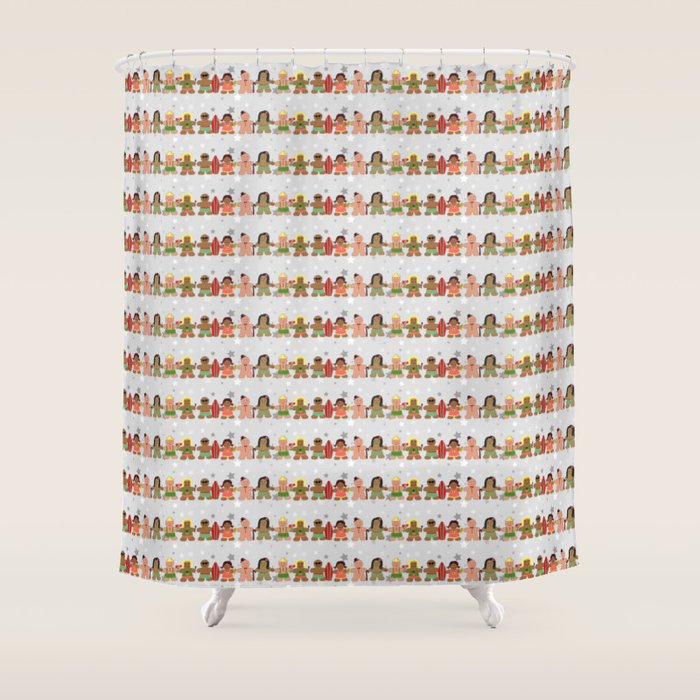 Gingerbread men and women on a gray background with stars. Gingerbread surfer. Gingerbread hula girl. Fun Christmas print. Shower Curtain Gallery Image 1
