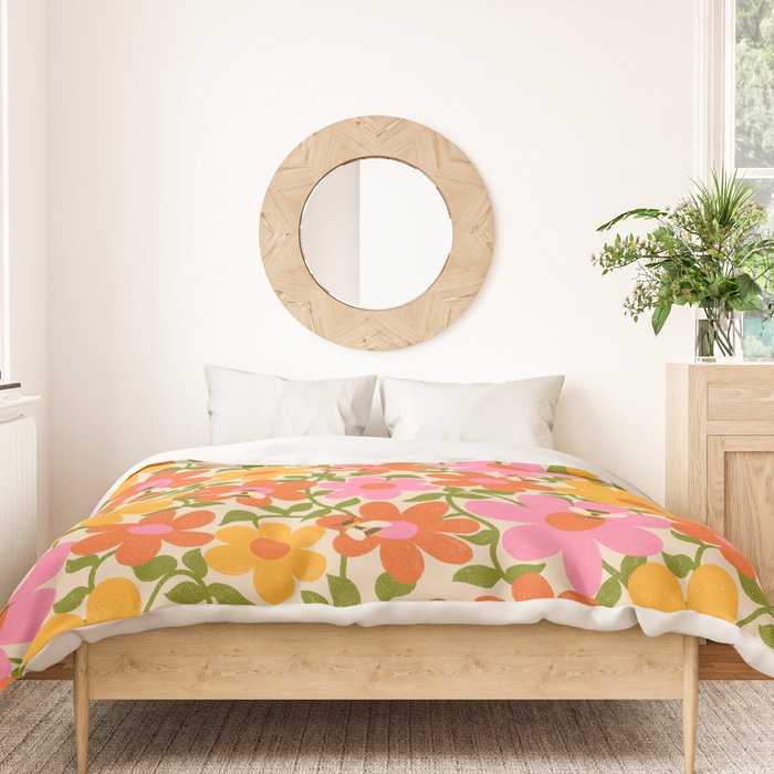 Bright Flowers and Bees Yellow Pink Orange Green Floral Duvet Cover Gallery Image 3