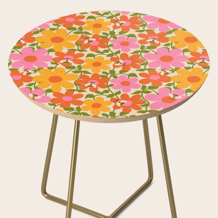 Bright Flowers and Bees Yellow Pink Orange Green Floral Side Table Gallery Image 2
