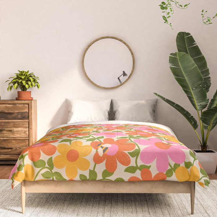 Bright Flowers and Bees Yellow Pink Orange Green Floral Comforter Gallery Image 3