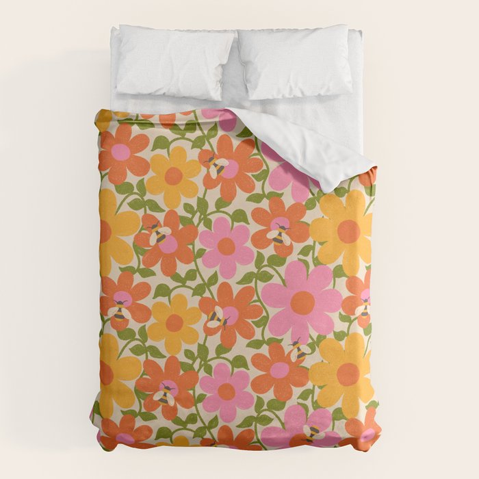 Bright Flowers and Bees Yellow Pink Orange Green Floral Duvet Cover Gallery Image 1
