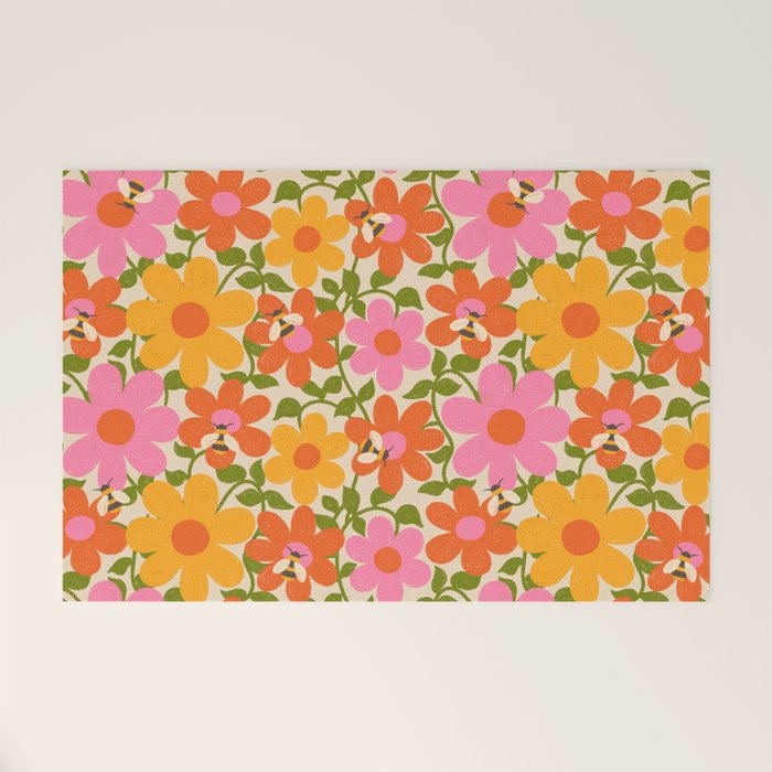 Bright Flowers and Bees Yellow Pink Orange Green Floral Welcome Mat Gallery Image 1