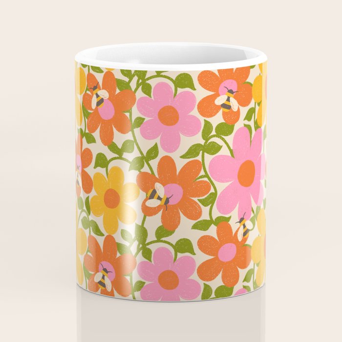 Bright Flowers and Bees Yellow Pink Orange Green Floral Coffee Mug Gallery Image 4