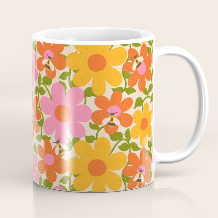 Bright Flowers and Bees Yellow Pink Orange Green Floral Coffee Mug Gallery Image 1