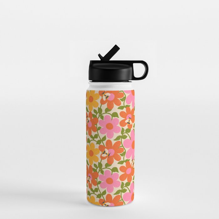 Bright Flowers and Bees Yellow Pink Orange Green Floral Water Bottle Gallery Image 1