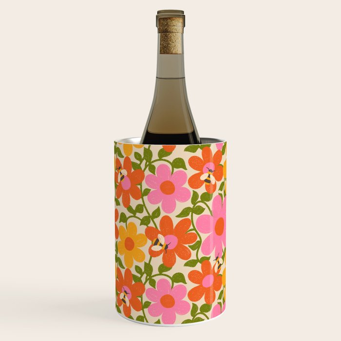 Bright Flowers and Bees Yellow Pink Orange Green Floral Wine Chiller Gallery Image 1