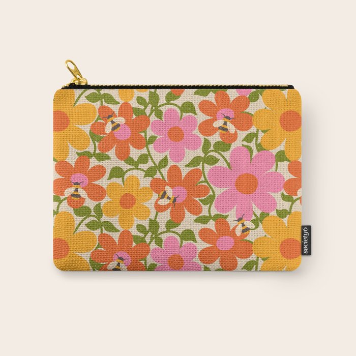 Bright Flowers and Bees Yellow Pink Orange Green Floral Carry All Pouch Gallery Image 1