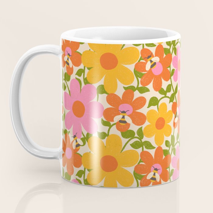 Bright Flowers and Bees Yellow Pink Orange Green Floral Coffee Mug Gallery Image 3