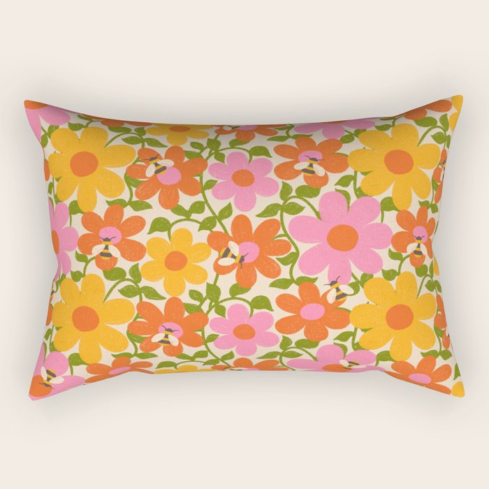 Bright Flowers and Bees Yellow Pink Orange Green Floral Rectangular Pillow Gallery Image 2