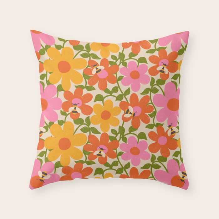 Bright Flowers and Bees Yellow Pink Orange Green Floral Throw Pillow Gallery Image 1