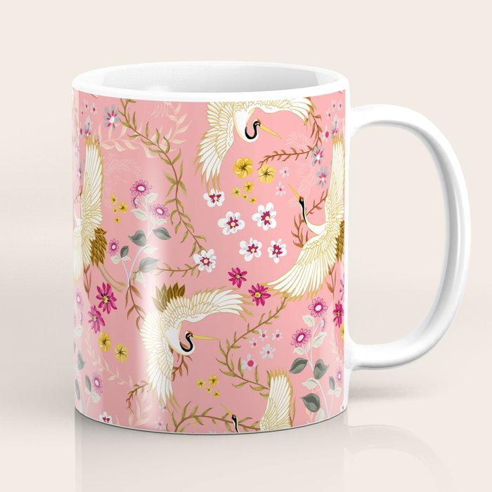 Chinoiserie cranes on pink, birds, flowers,  Coffee Mug Gallery Image 1