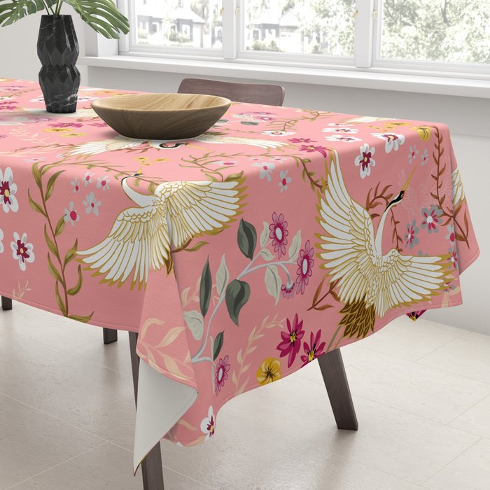 Chinoiserie cranes on pink, birds, flowers,  Tablecloth Gallery Image 3