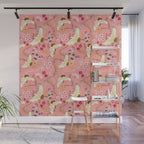 Chinoiserie cranes on pink, birds, flowers,  Wall Mural Gallery Image 1