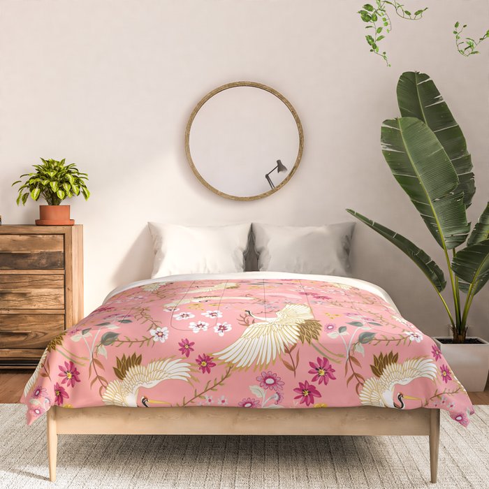 Chinoiserie cranes on pink, birds, flowers,  Comforter Gallery Image 3