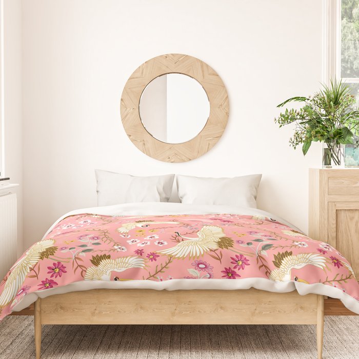 Chinoiserie cranes on pink, birds, flowers,  Duvet Cover Gallery Image 3