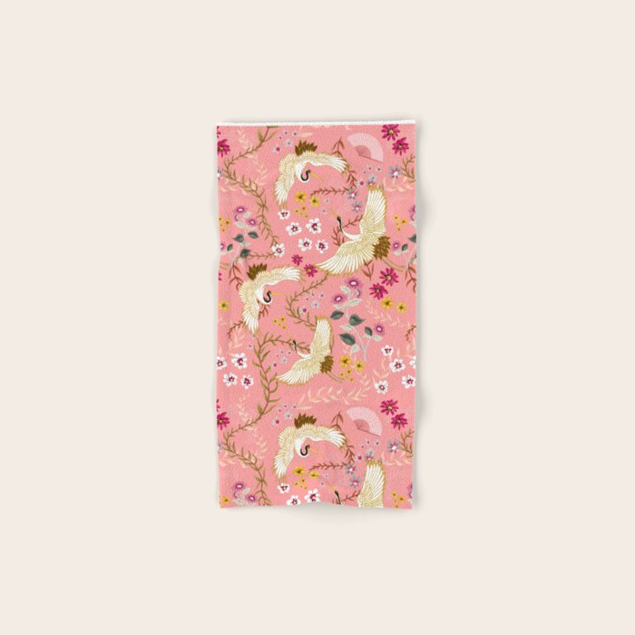 Chinoiserie cranes on pink, birds, flowers,  Bath Towel Gallery Image 1