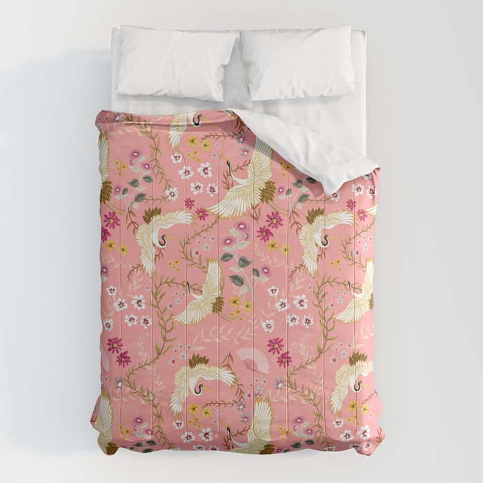 Chinoiserie cranes on pink, birds, flowers,  Comforter Gallery Image 6