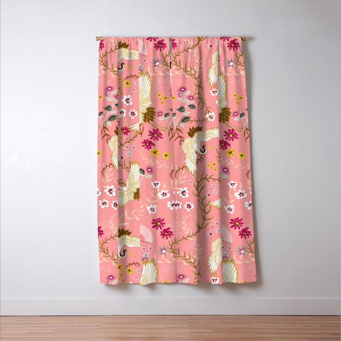 Chinoiserie cranes on pink, birds, flowers,  Window Curtain Gallery Image 3