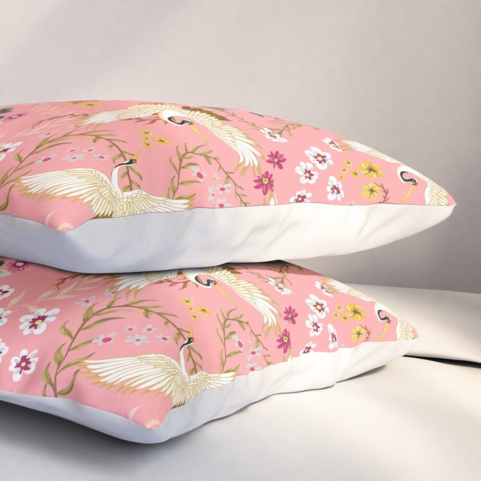 Chinoiserie cranes on pink, birds, flowers,  Pillow Sham Gallery Image 3