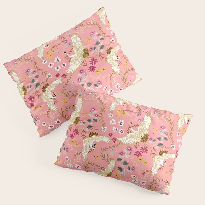 Chinoiserie cranes on pink, birds, flowers,  Pillow Sham Gallery Image 1