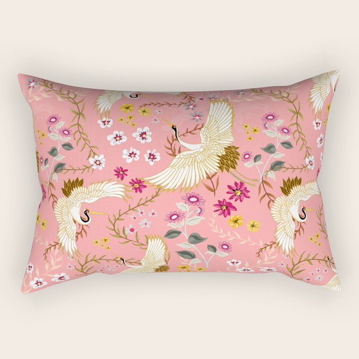Chinoiserie cranes on pink, birds, flowers,  Rectangular Pillow Gallery Image 2