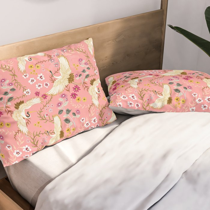 Chinoiserie cranes on pink, birds, flowers,  Pillow Sham Gallery Image 2