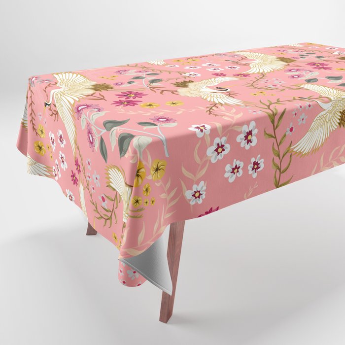 Chinoiserie cranes on pink, birds, flowers,  Tablecloth Gallery Image 1