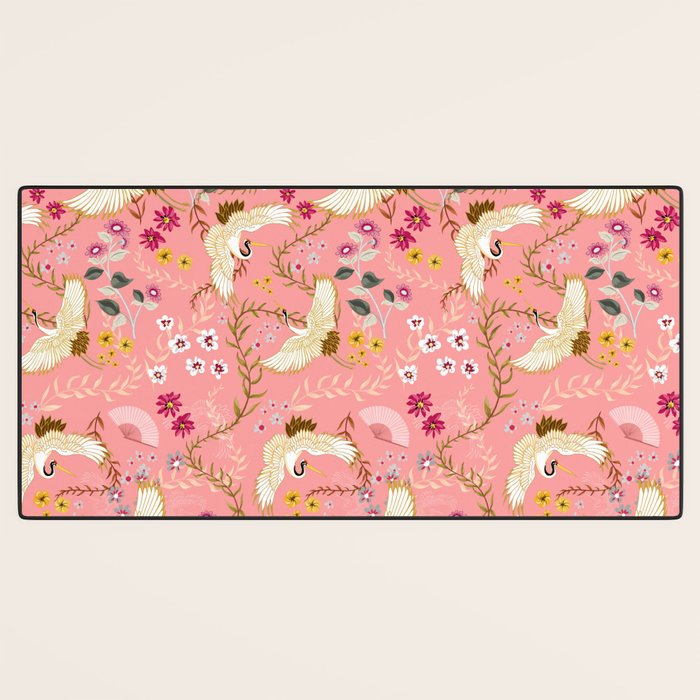 Chinoiserie cranes on pink, birds, flowers,  Desk Mat Gallery Image 3