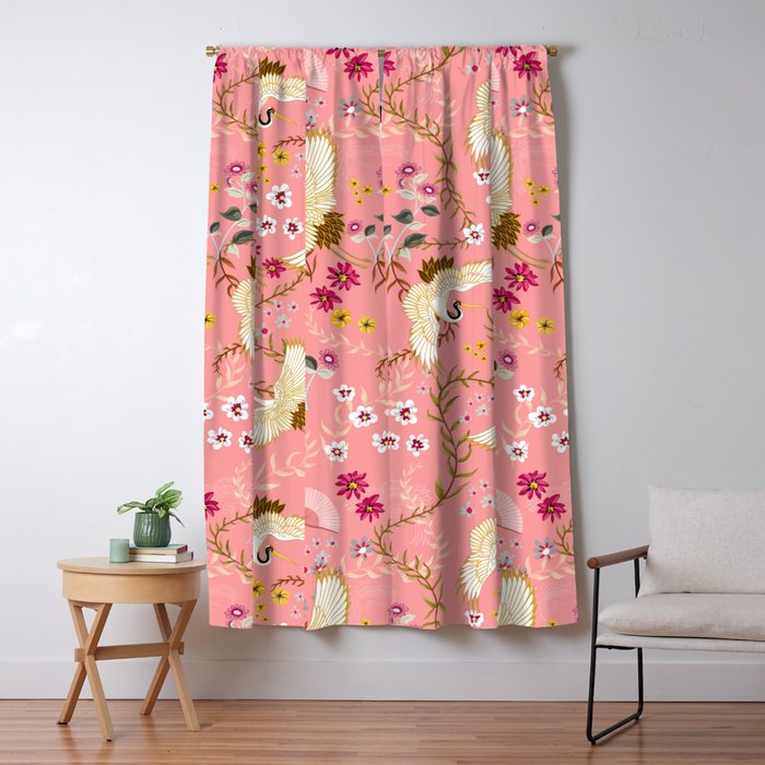 Chinoiserie cranes on pink, birds, flowers,  Window Curtain Gallery Image 1