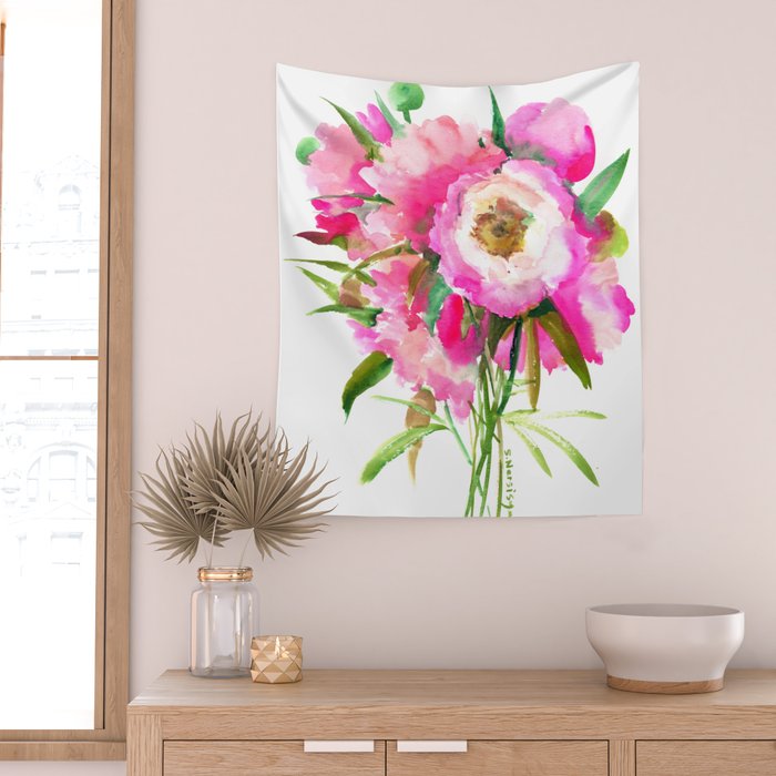 Pink Peonies, garden pink floral design, pink flowers Wall Tapestry Gallery Image 2