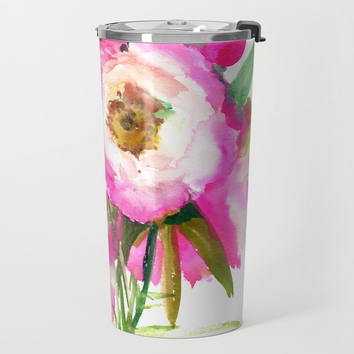 Pink Peonies, garden pink floral design, pink flowers Travel Mug Gallery Image 2