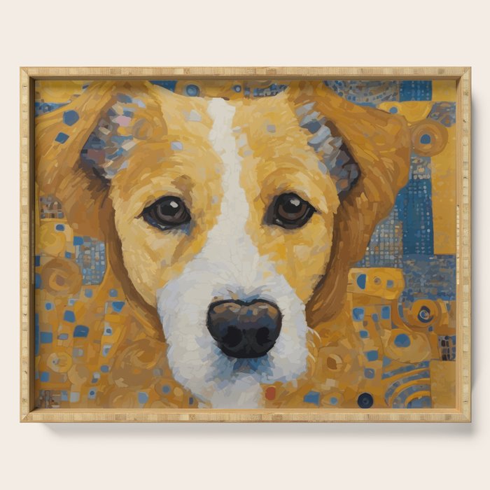 Gustav Klimt Style Dog With Blue And Gold Patterns Serving Tray