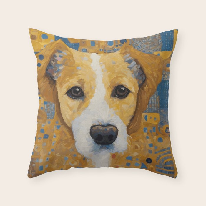 Gustav Klimt Style Dog with Blue and Gold Patterns Throw Pillow Gallery Image 1