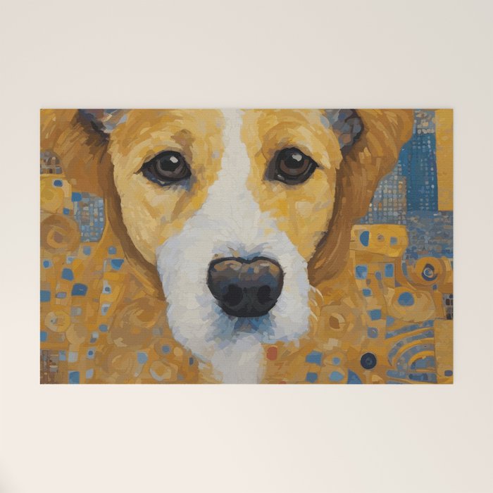 Gustav Klimt Style Dog with Blue and Gold Patterns Welcome Mat Gallery Image 1