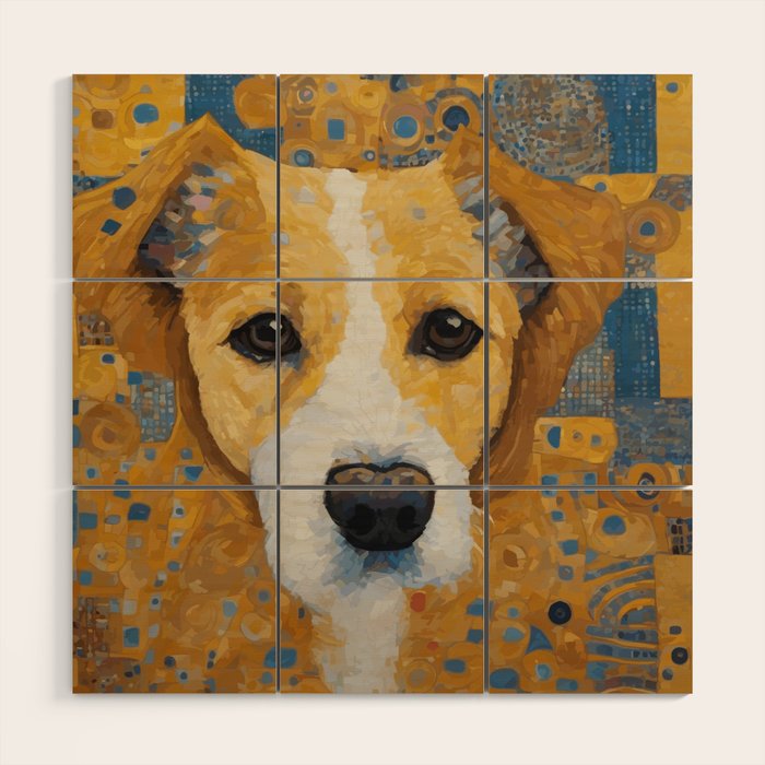 Gustav Klimt Style Dog with Blue and Gold Patterns Wood Wall Art Gallery Image 1