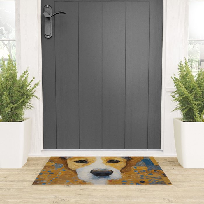 Gustav Klimt Style Dog with Blue and Gold Patterns Welcome Mat Gallery Image 3