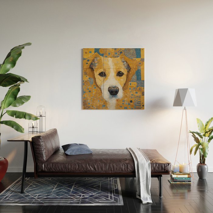 Gustav Klimt Style Dog with Blue and Gold Patterns Wood Wall Art Gallery Image 2