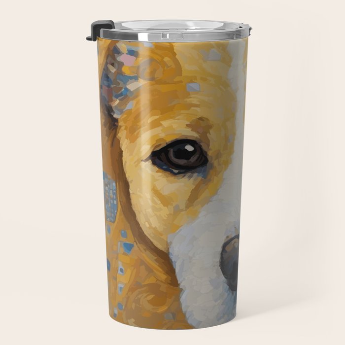 Gustav Klimt Style Dog with Blue and Gold Patterns Travel Mug Gallery Image 3