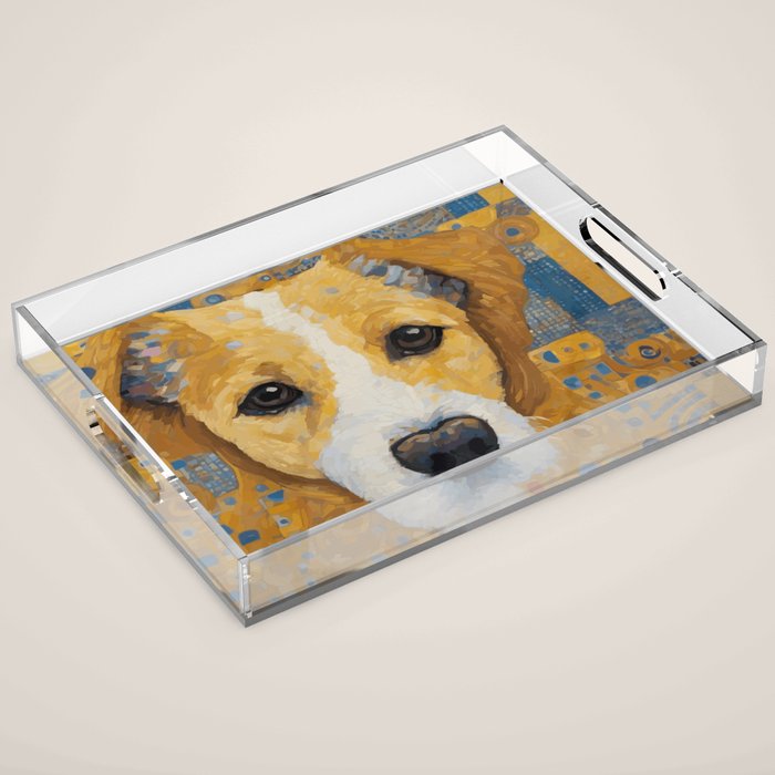 Gustav Klimt Style Dog with Blue and Gold Patterns Acrylic Tray Gallery Image 1
