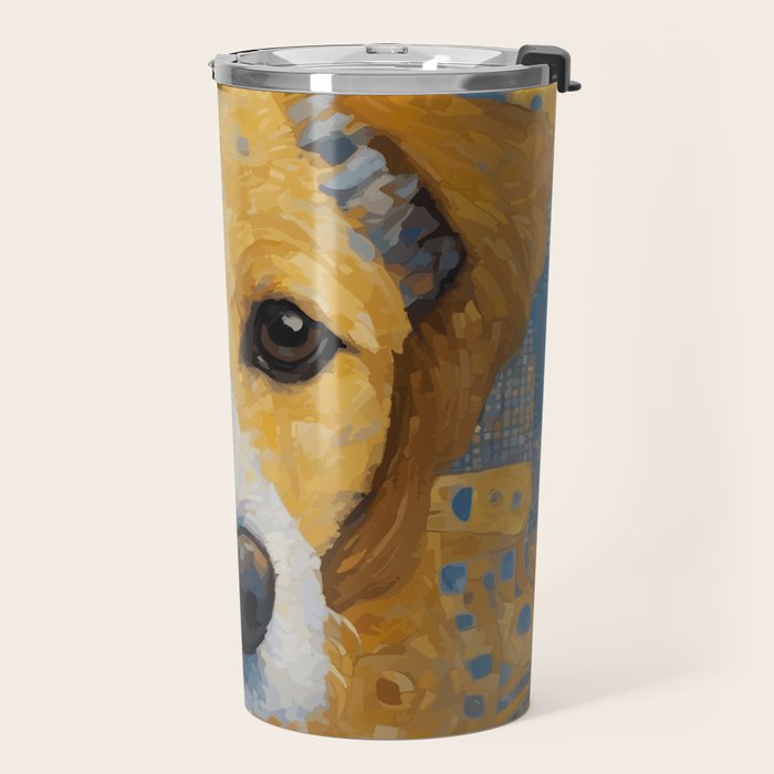 Gustav Klimt Style Dog with Blue and Gold Patterns Travel Mug Gallery Image 2